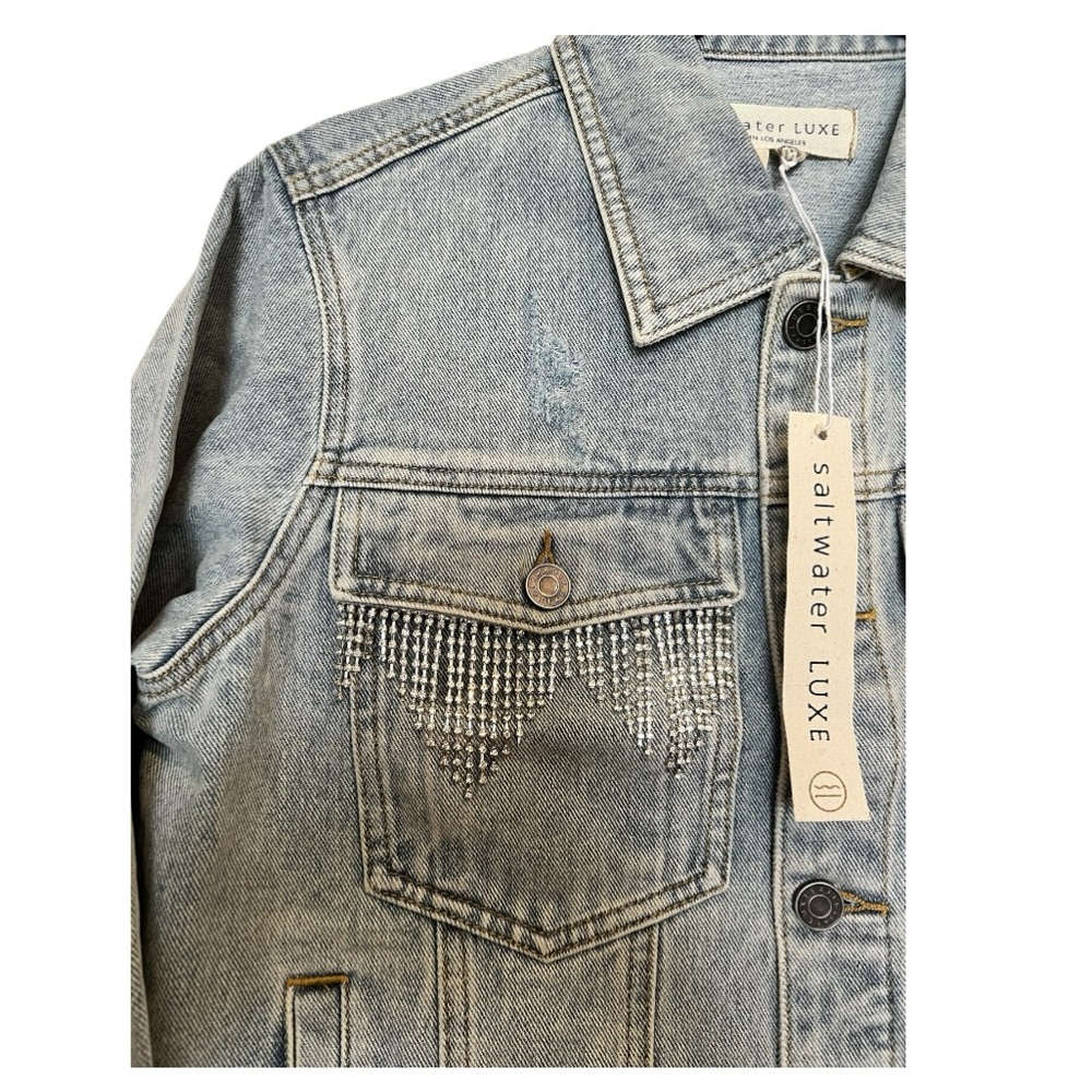 Saltwater Luxe stone wash distressed Embellished Rhinestone Denim Jacket S/M - Picture 3 of 14